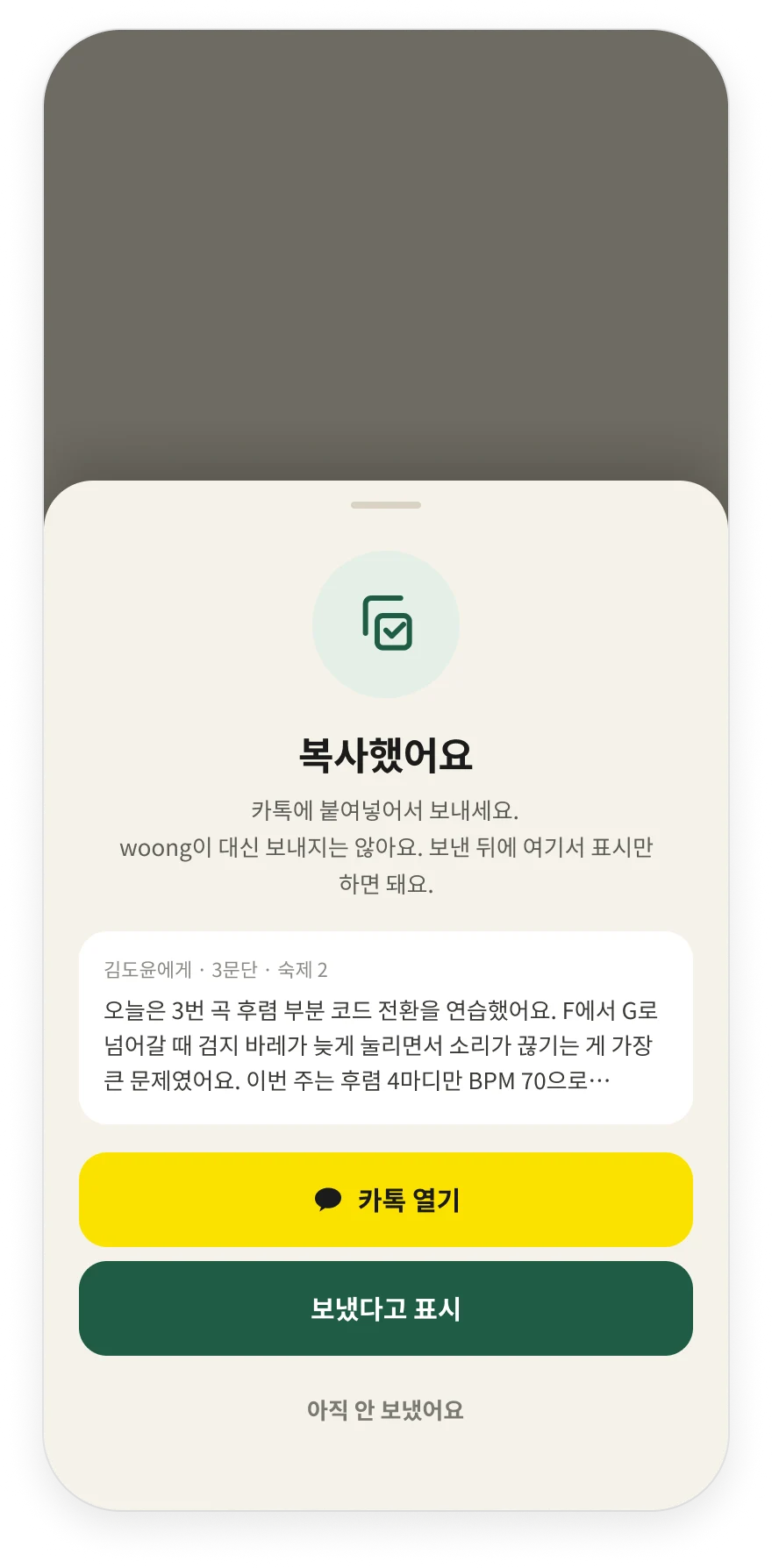 복사했어요 화면. 카톡 열기와 보냈다고 표시 버튼이 있고, woong이 대신 보내지는 않는다는 안내가 있다.